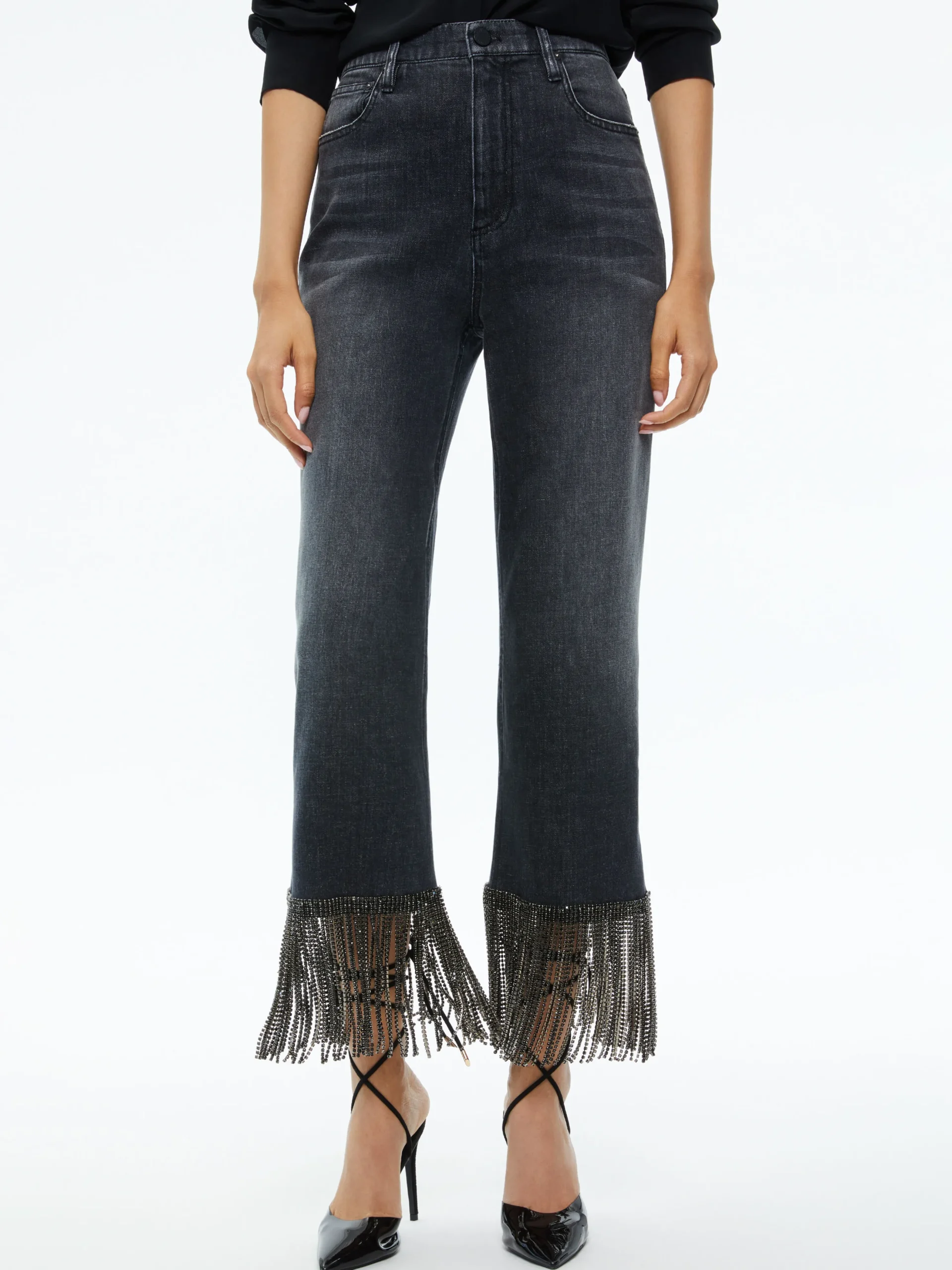 AMAZING CRYSTAL FRINGE HEM JEAN