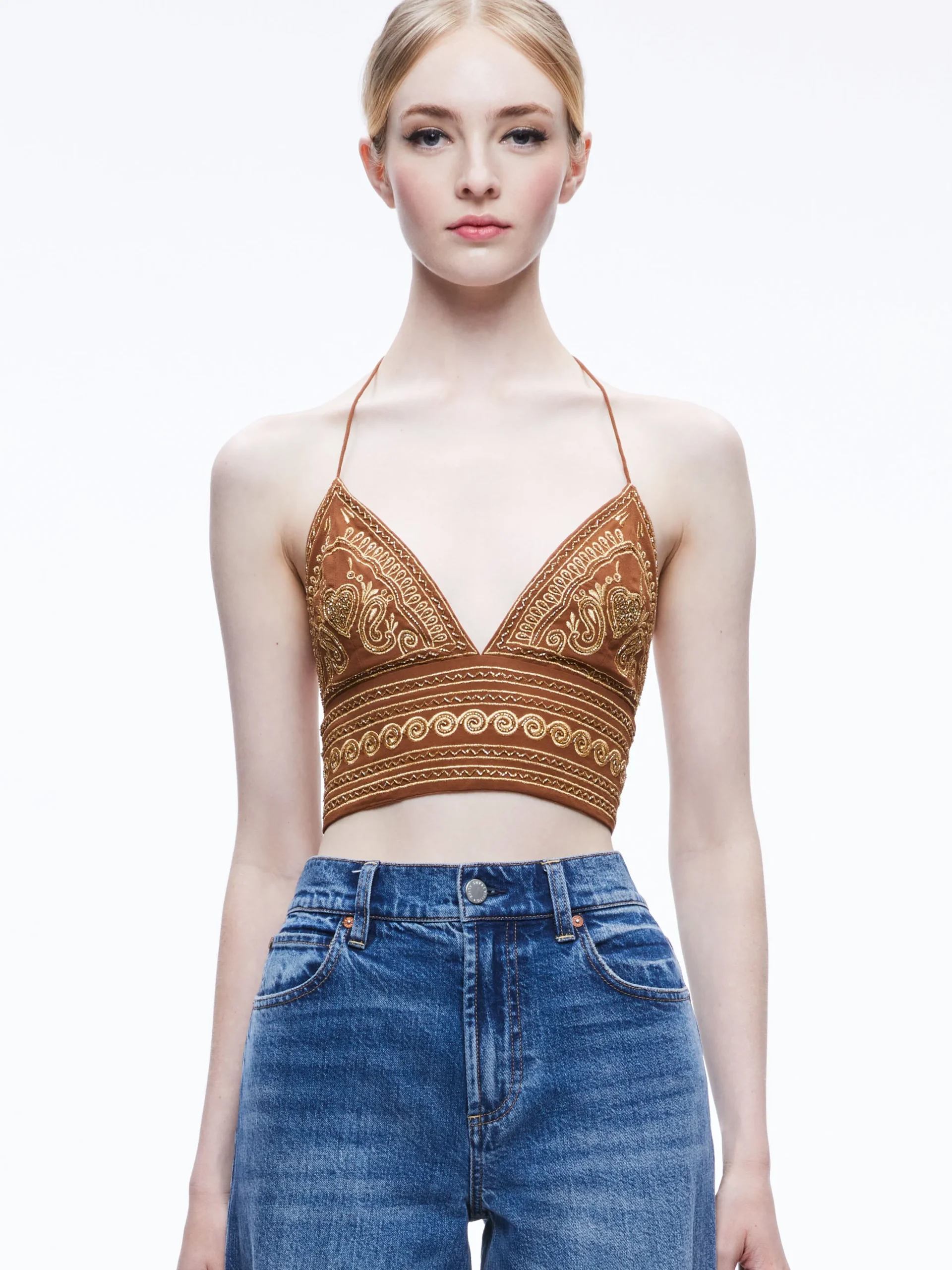 CARLI EMBROIDERED TIE NECK BRA TOP