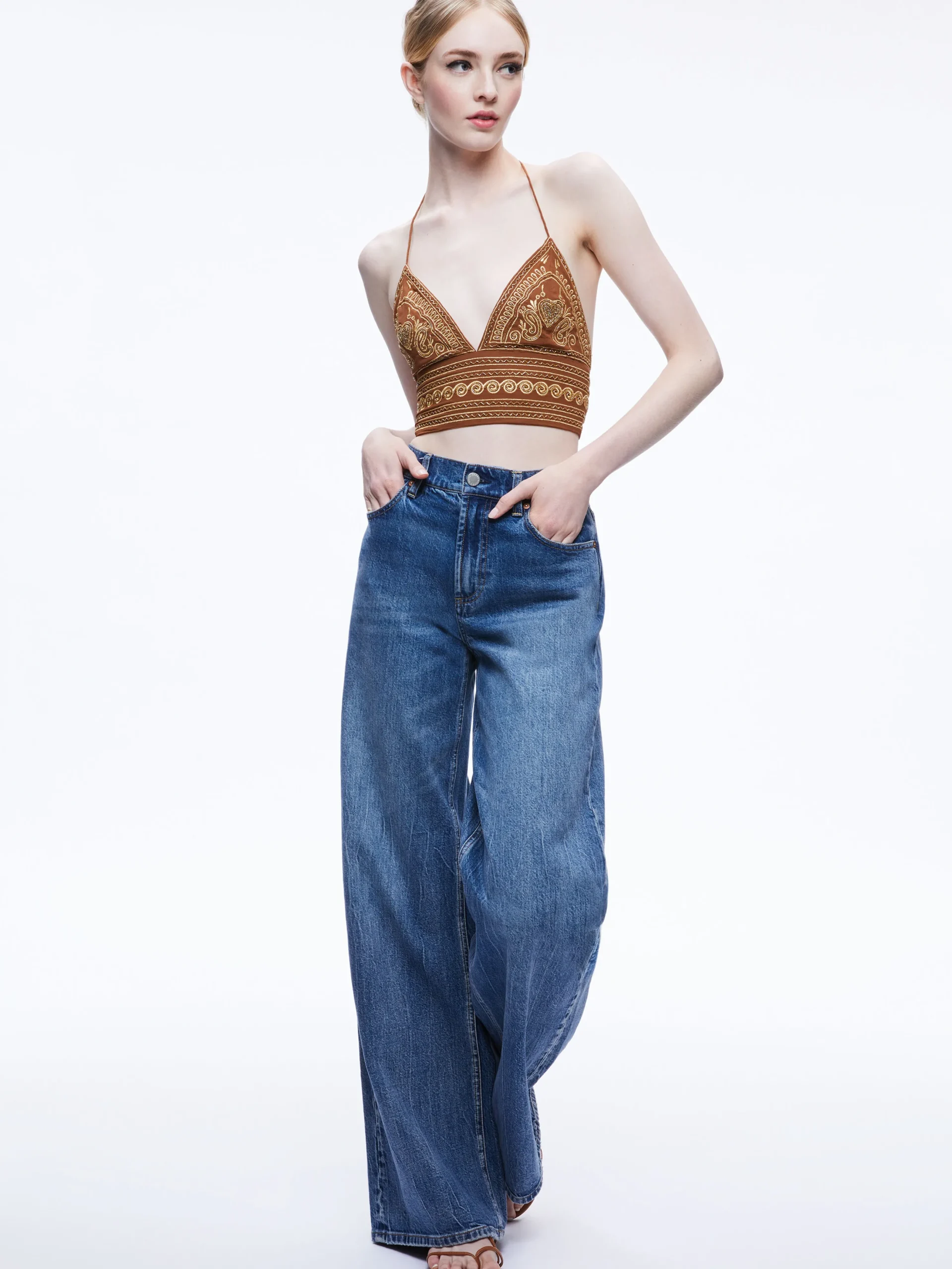 CARLI EMBROIDERED TIE NECK BRA TOP