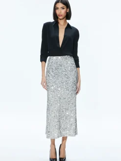 CERESI SEQUIN BANDEAU CROP TOP + MAEVE SEQUIN SLIP SKIRT