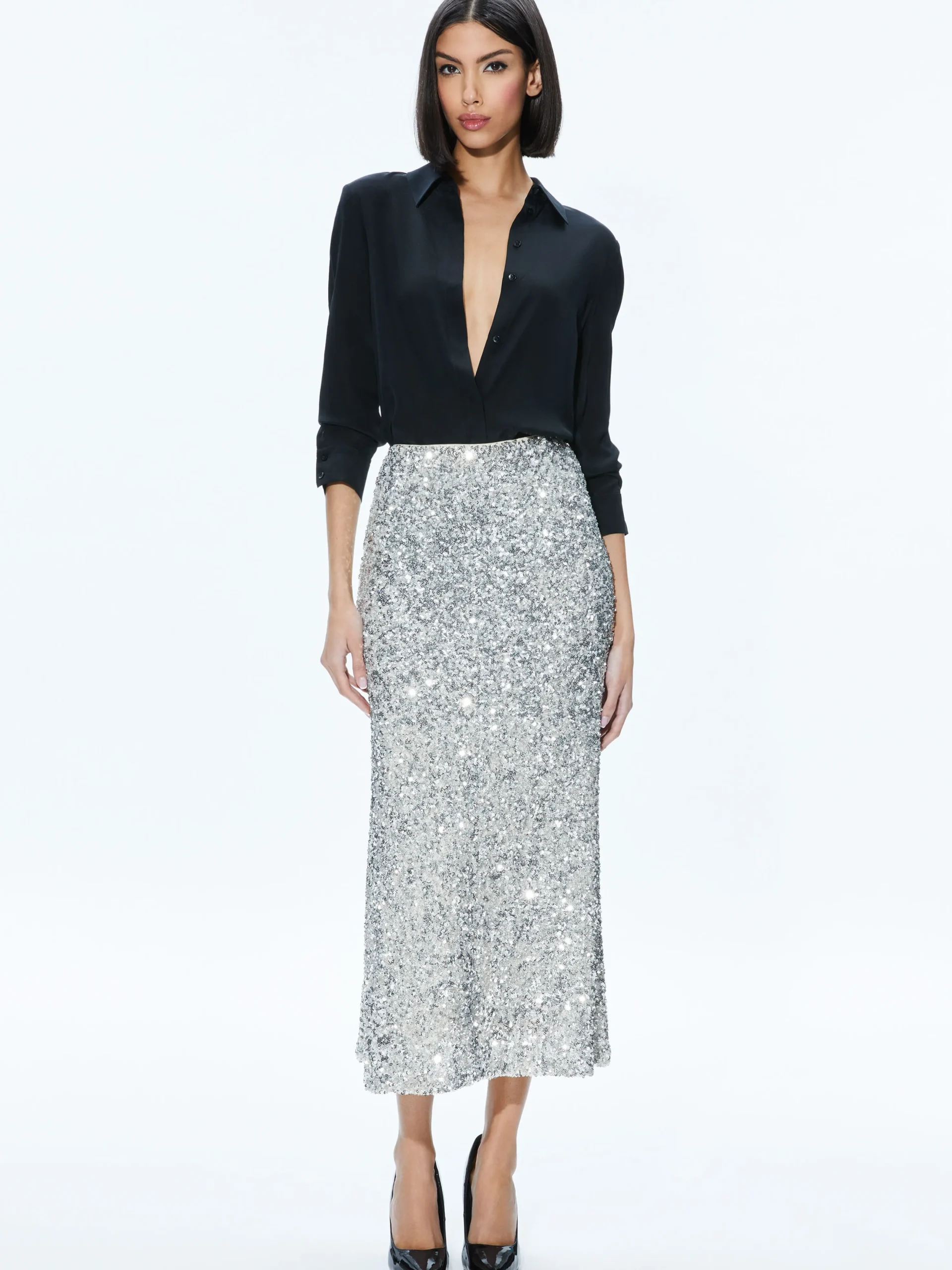CERESI SEQUIN BANDEAU CROP TOP + MAEVE SEQUIN SLIP SKIRT
