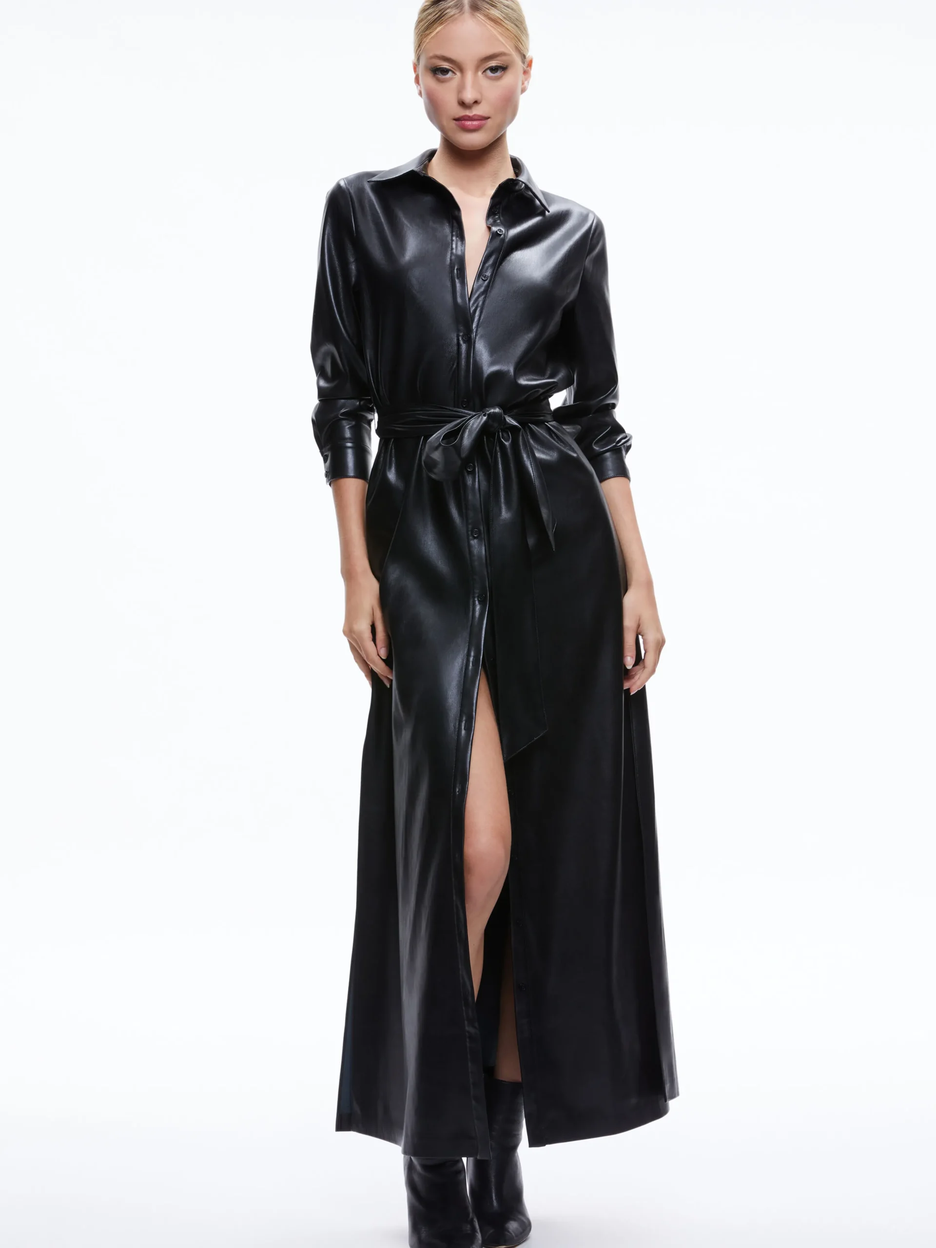 CHASSIDY VEGAN LEATHER MAXI SHIRT DRESS