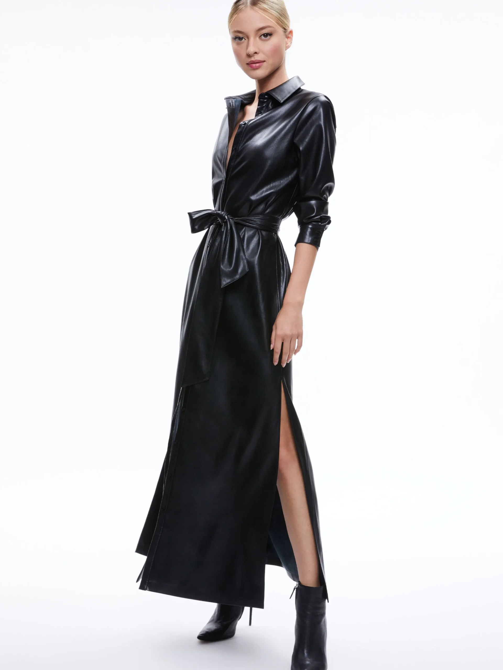 CHASSIDY VEGAN LEATHER MAXI SHIRT DRESS