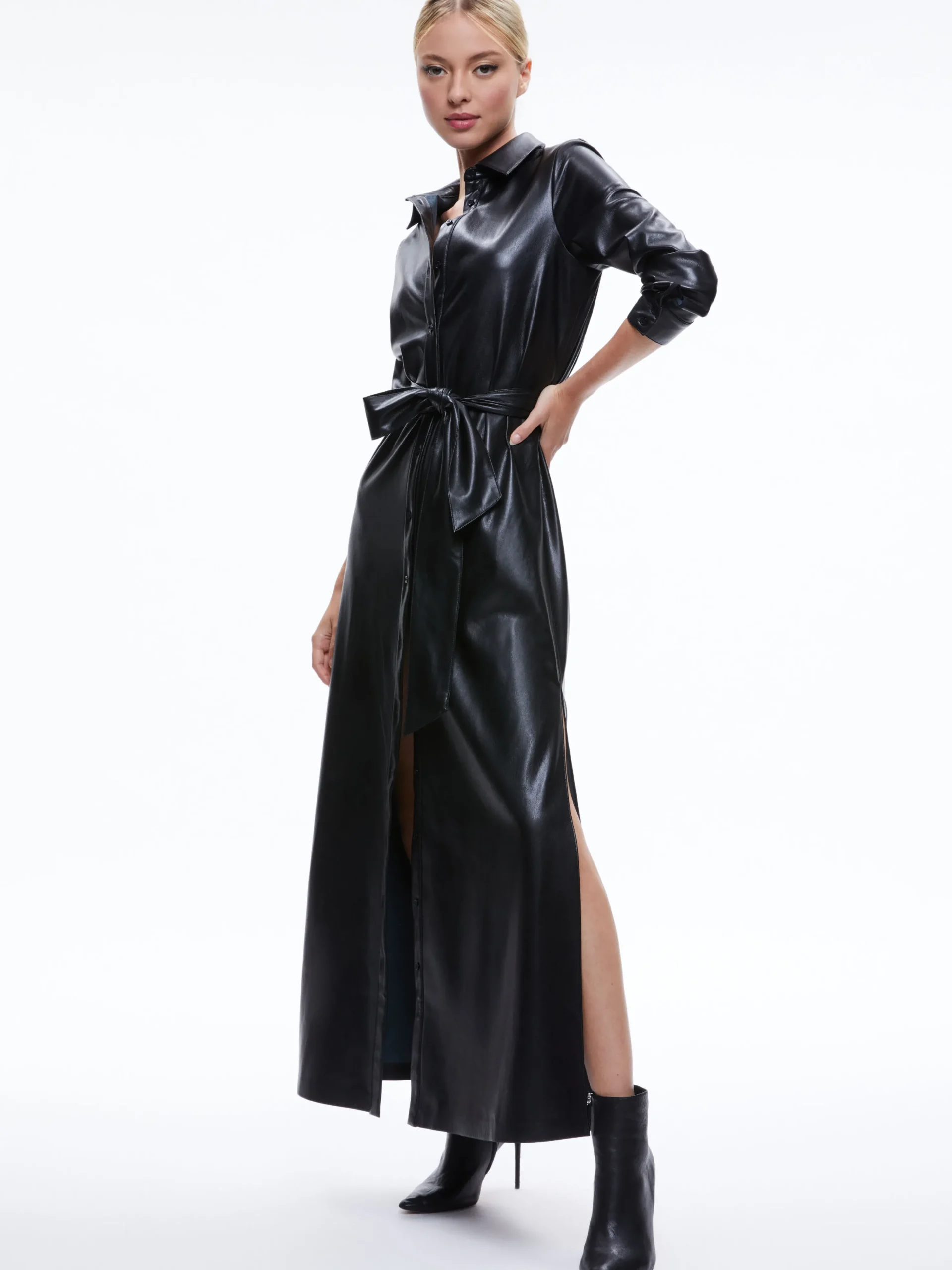 CHASSIDY VEGAN LEATHER MAXI SHIRT DRESS