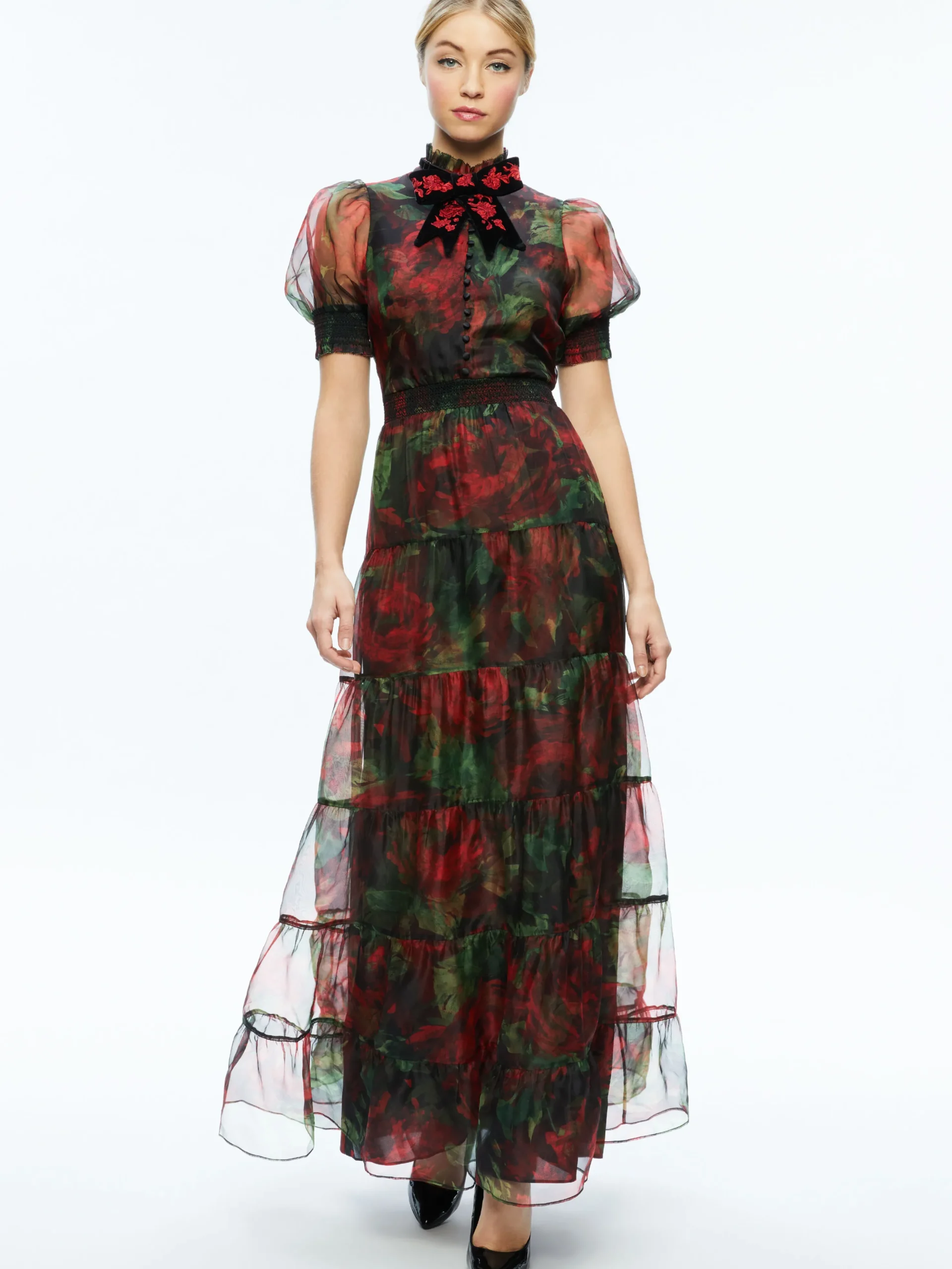 COLETTA BOW NECK BUTTON FRONT MAXI DRESS