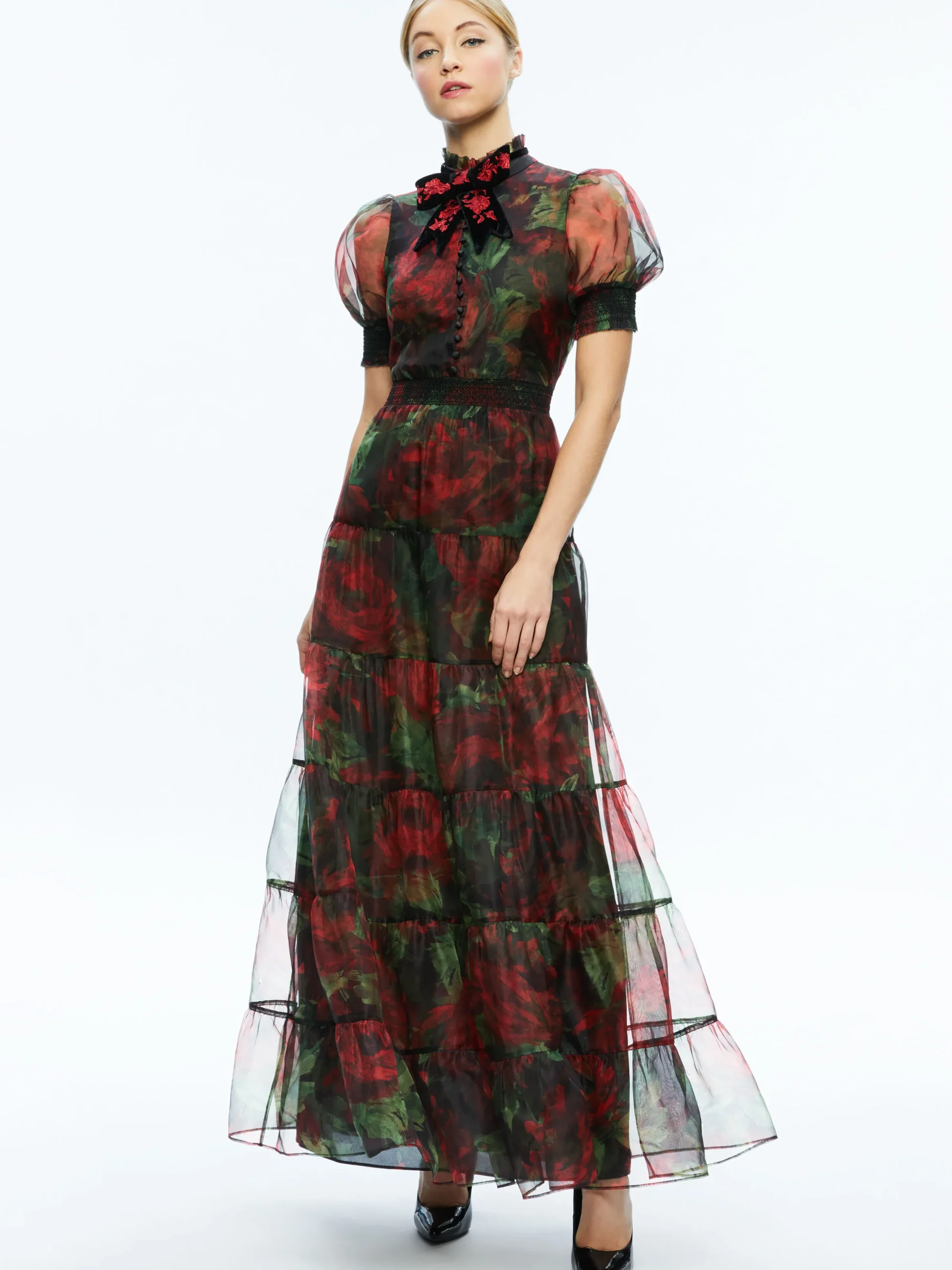 COLETTA BOW NECK BUTTON FRONT MAXI DRESS