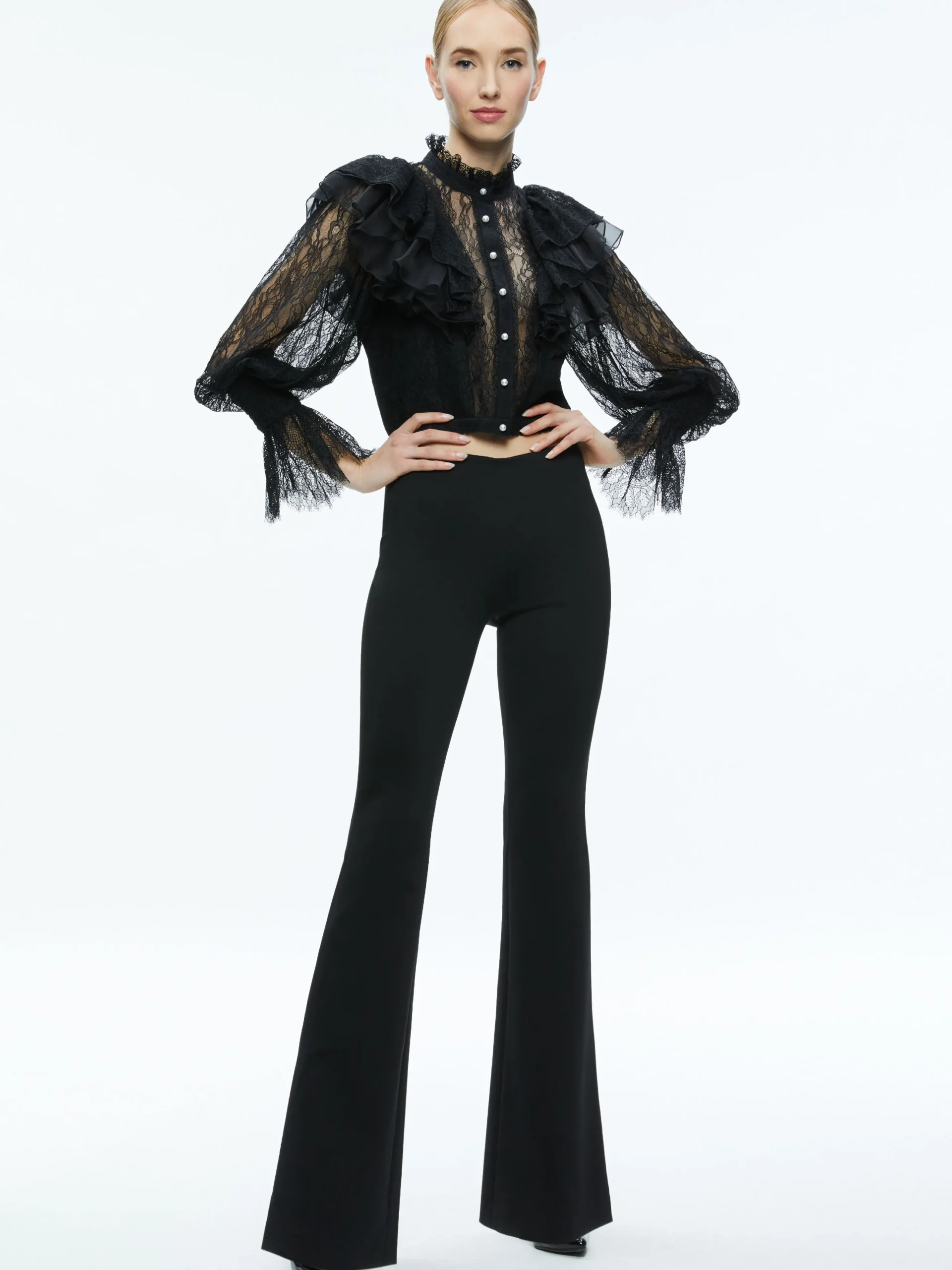 DELPHA RUFFLE LACE BLOUSON SLEEVE CROPPED TOP