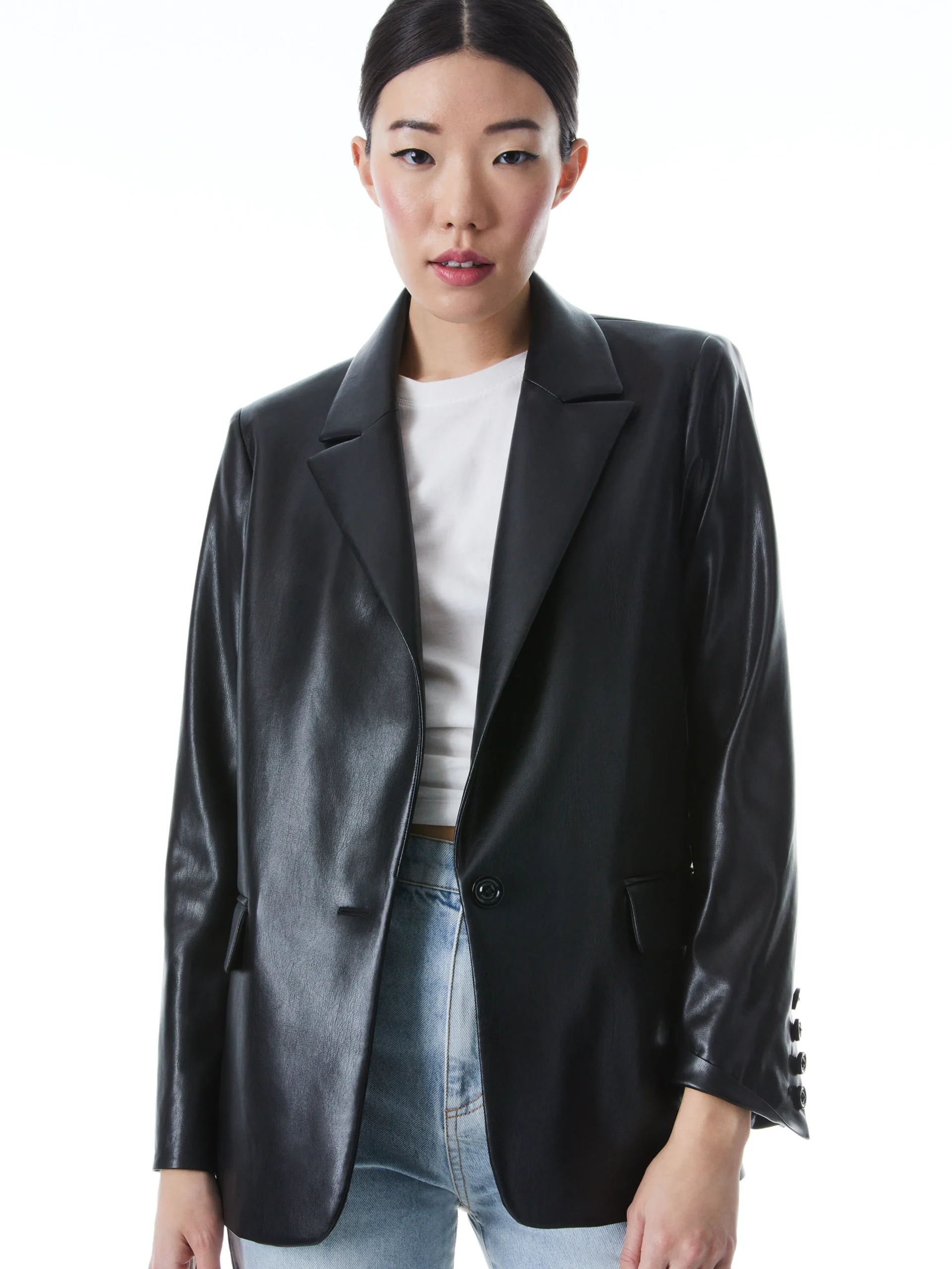 DENNY VEGAN LEATHER NOTCH COLLAR BLAZER