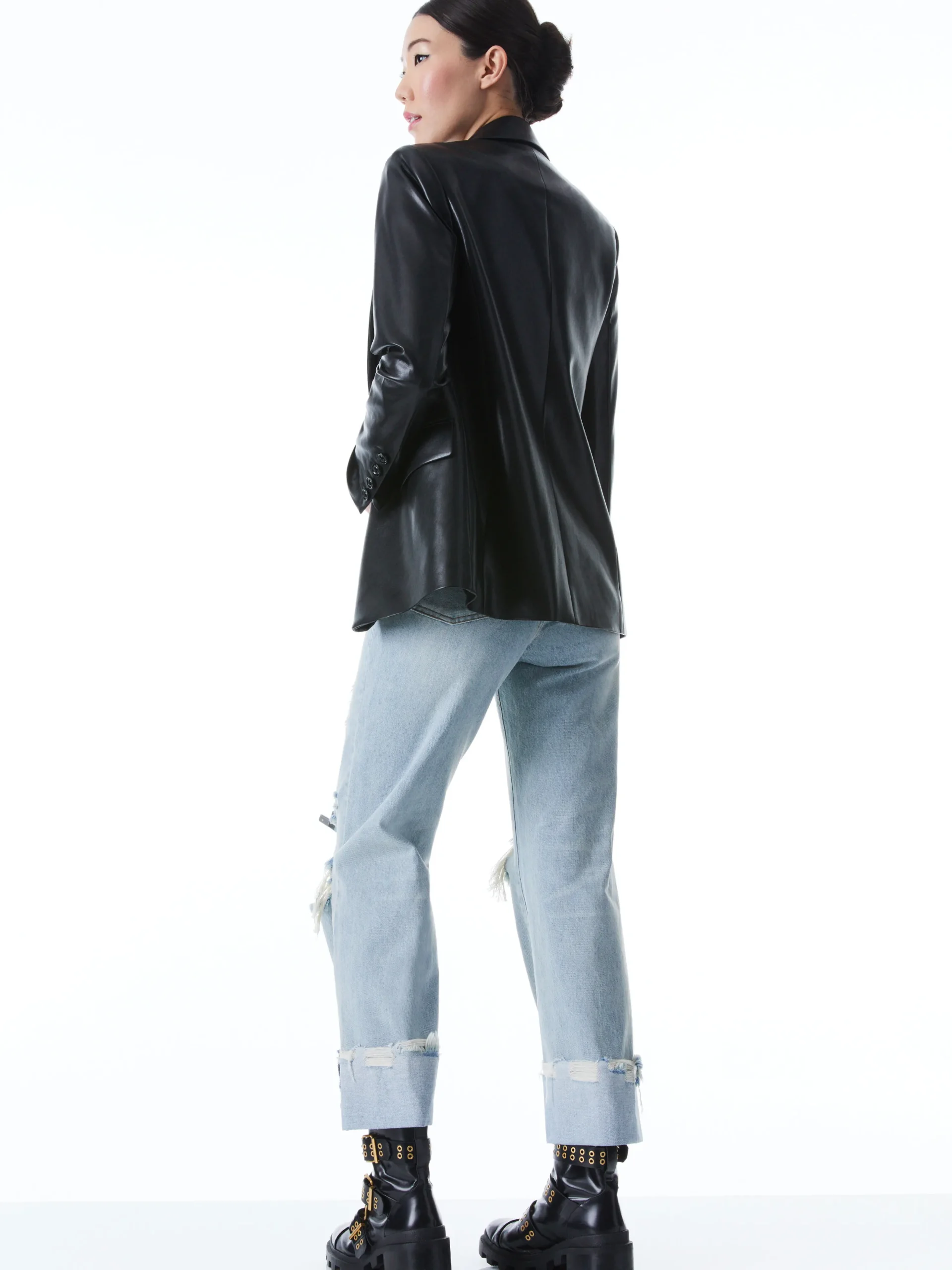 DENNY VEGAN LEATHER NOTCH COLLAR BLAZER