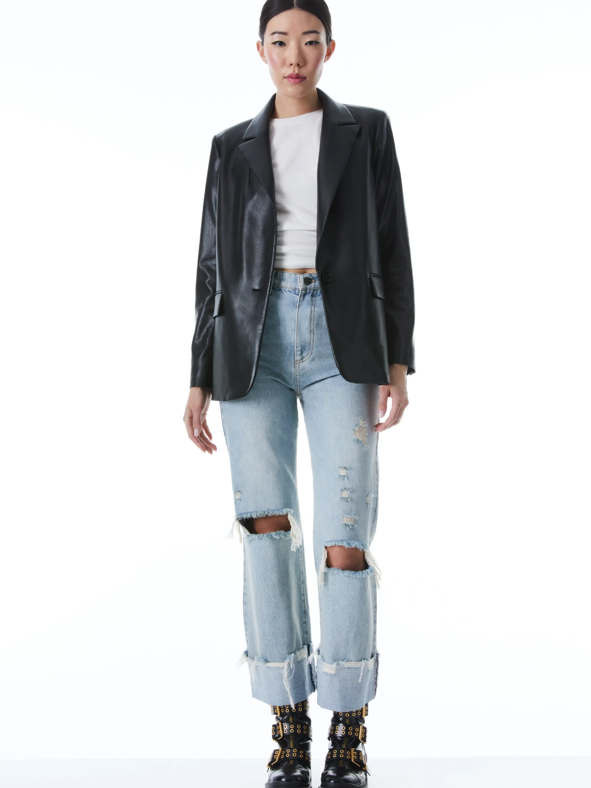 DENNY VEGAN LEATHER NOTCH COLLAR BLAZER