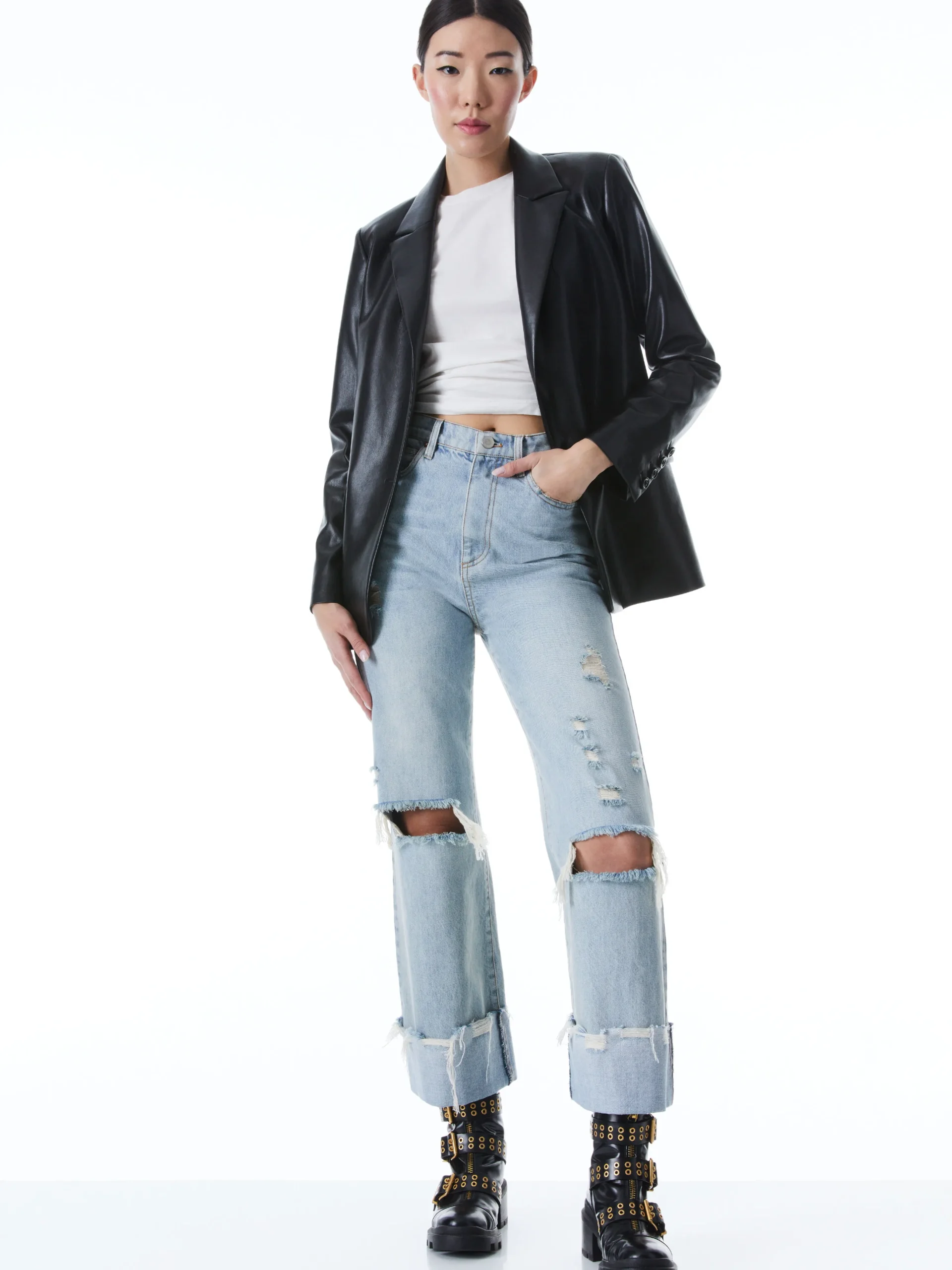 DENNY VEGAN LEATHER NOTCH COLLAR BLAZER