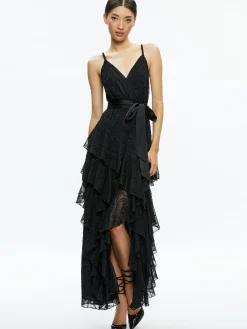 EMELIA V-NECK EYELET RUFFLE MAXI DRESS