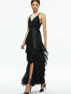 EMELIA V-NECK EYELET RUFFLE MAXI DRESS