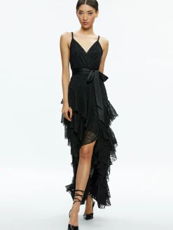 EMELIA V-NECK EYELET RUFFLE MAXI DRESS
