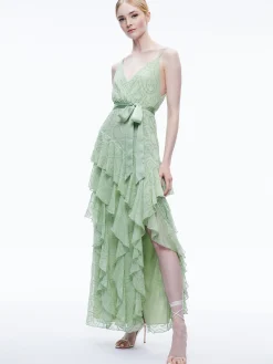 EMELIA V-NECK EYELET RUFFLE MAXI DRESS