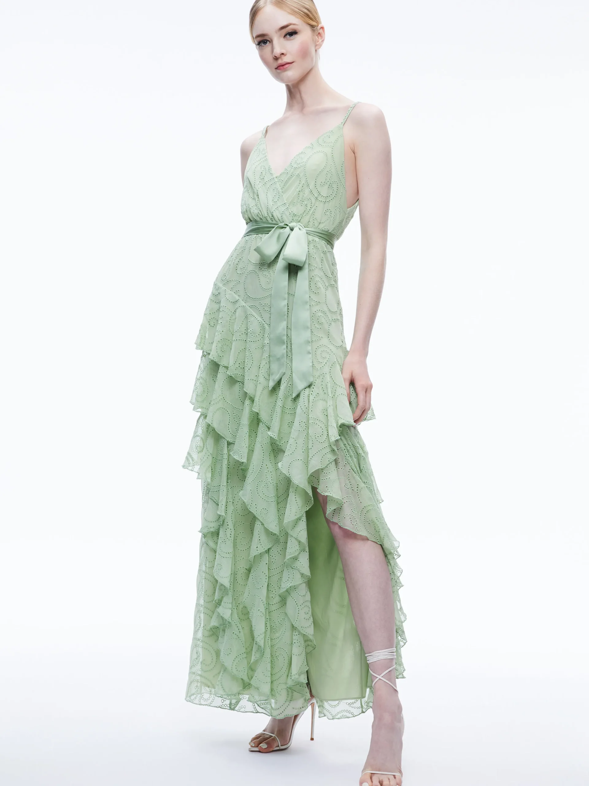 EMELIA V-NECK EYELET RUFFLE MAXI DRESS