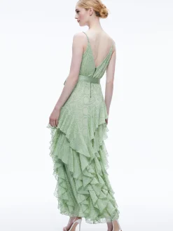 EMELIA V-NECK EYELET RUFFLE MAXI DRESS