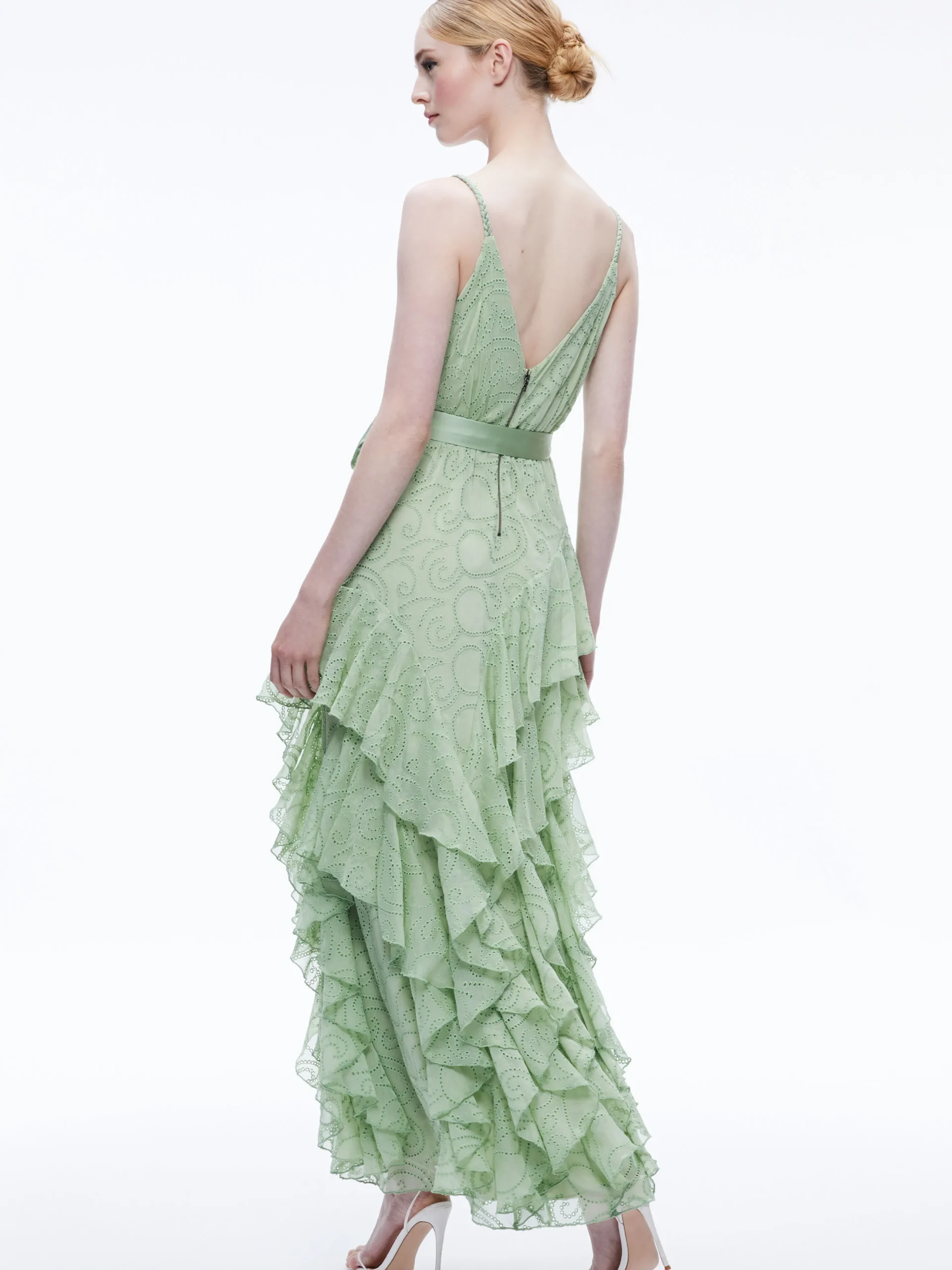 EMELIA V-NECK EYELET RUFFLE MAXI DRESS