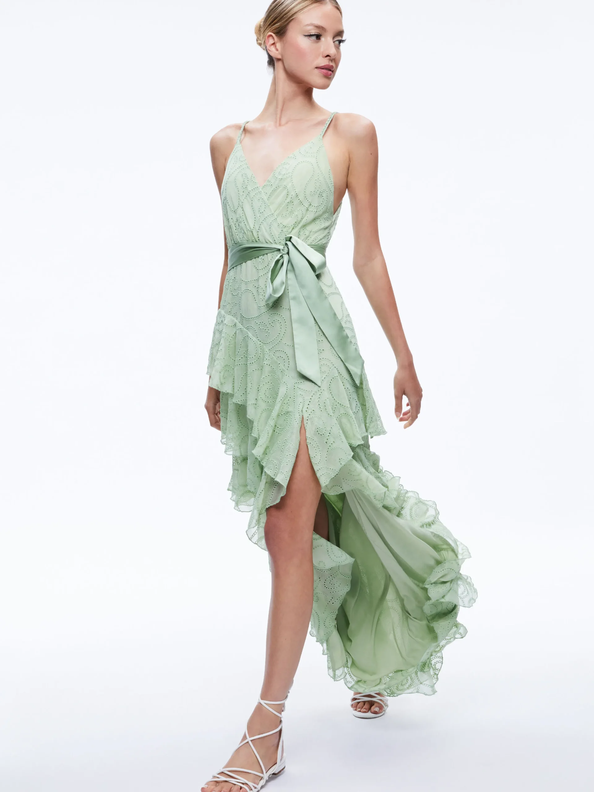 EMELIA V-NECK EYELET RUFFLE MAXI DRESS