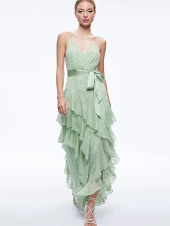 EMELIA V-NECK EYELET RUFFLE MAXI DRESS