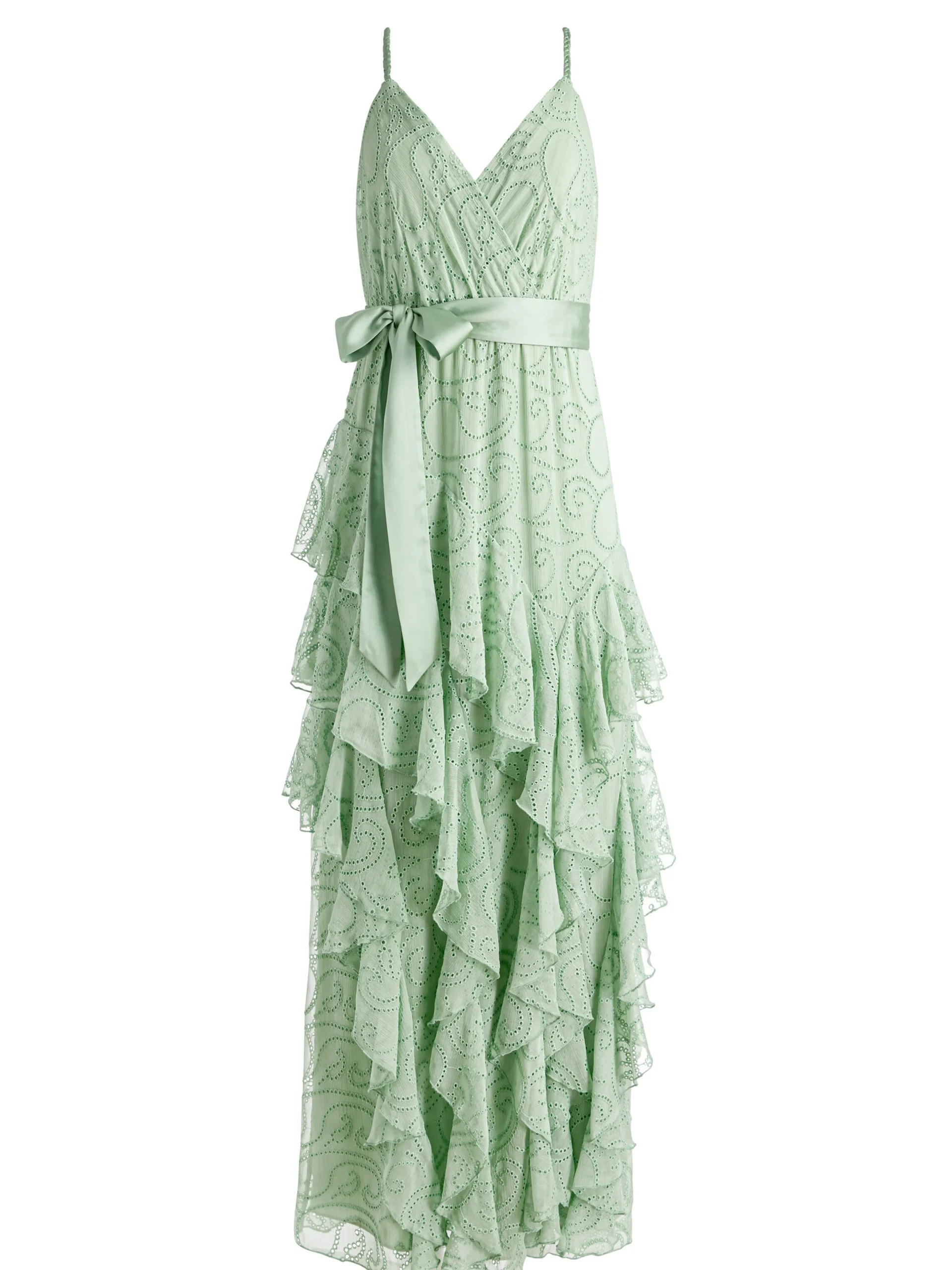 EMELIA V-NECK EYELET RUFFLE MAXI DRESS