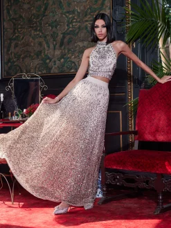 GATZ EMBELLISHED HIGH NECK TOP + CATRINA EMBELLISHED GOWN MAXI SKIRT