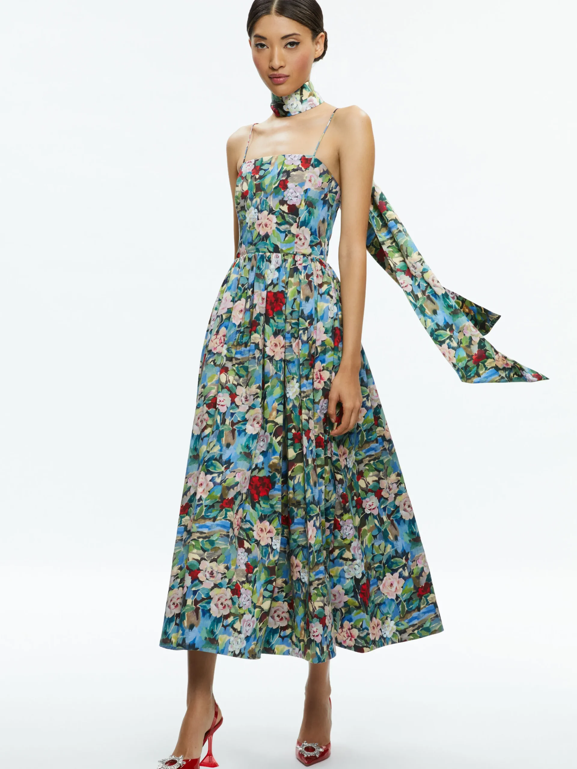 GLYNIS SPAGHETTI STRAP SCARF MIDI DRESS