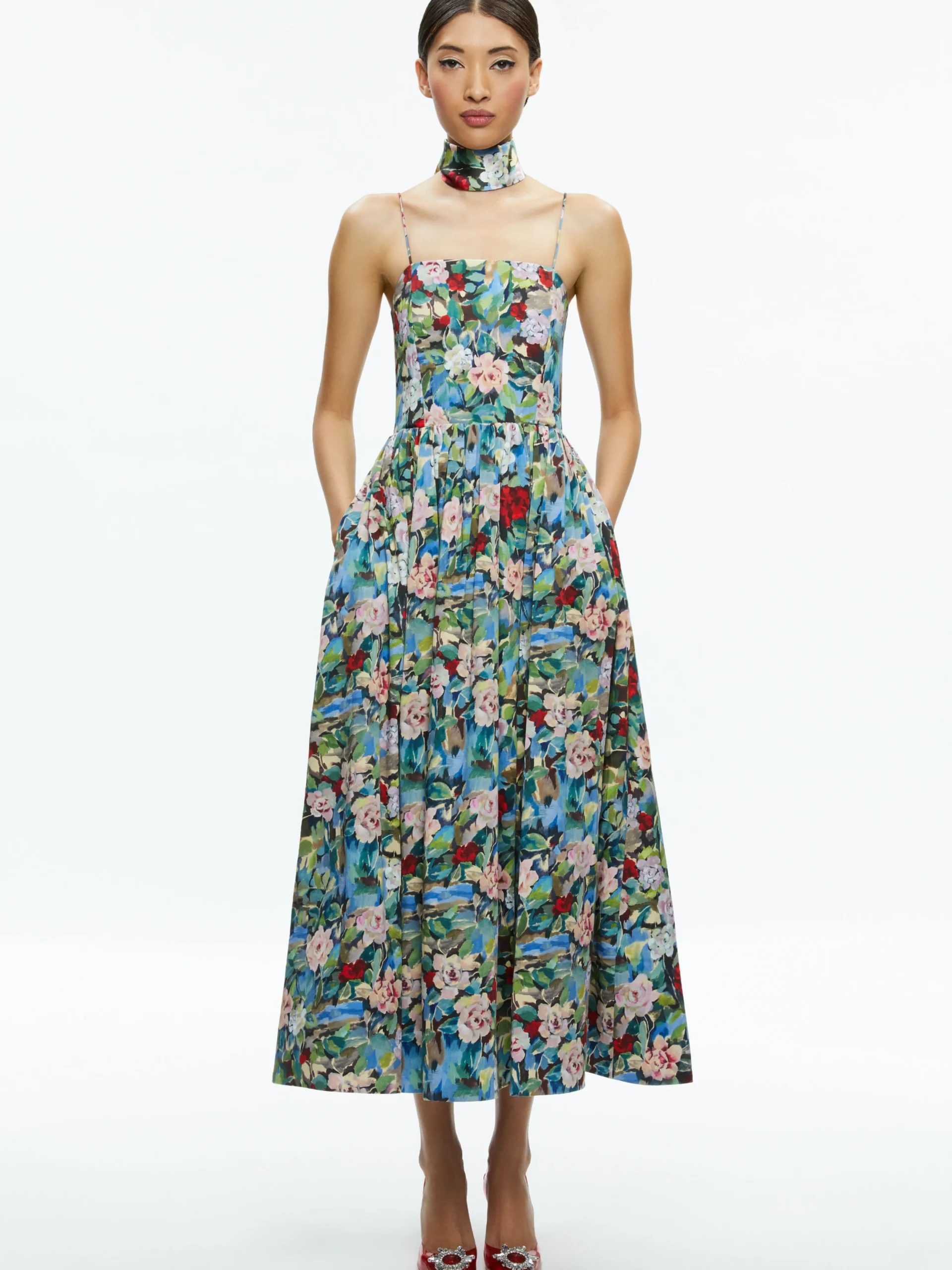 GLYNIS SPAGHETTI STRAP SCARF MIDI DRESS