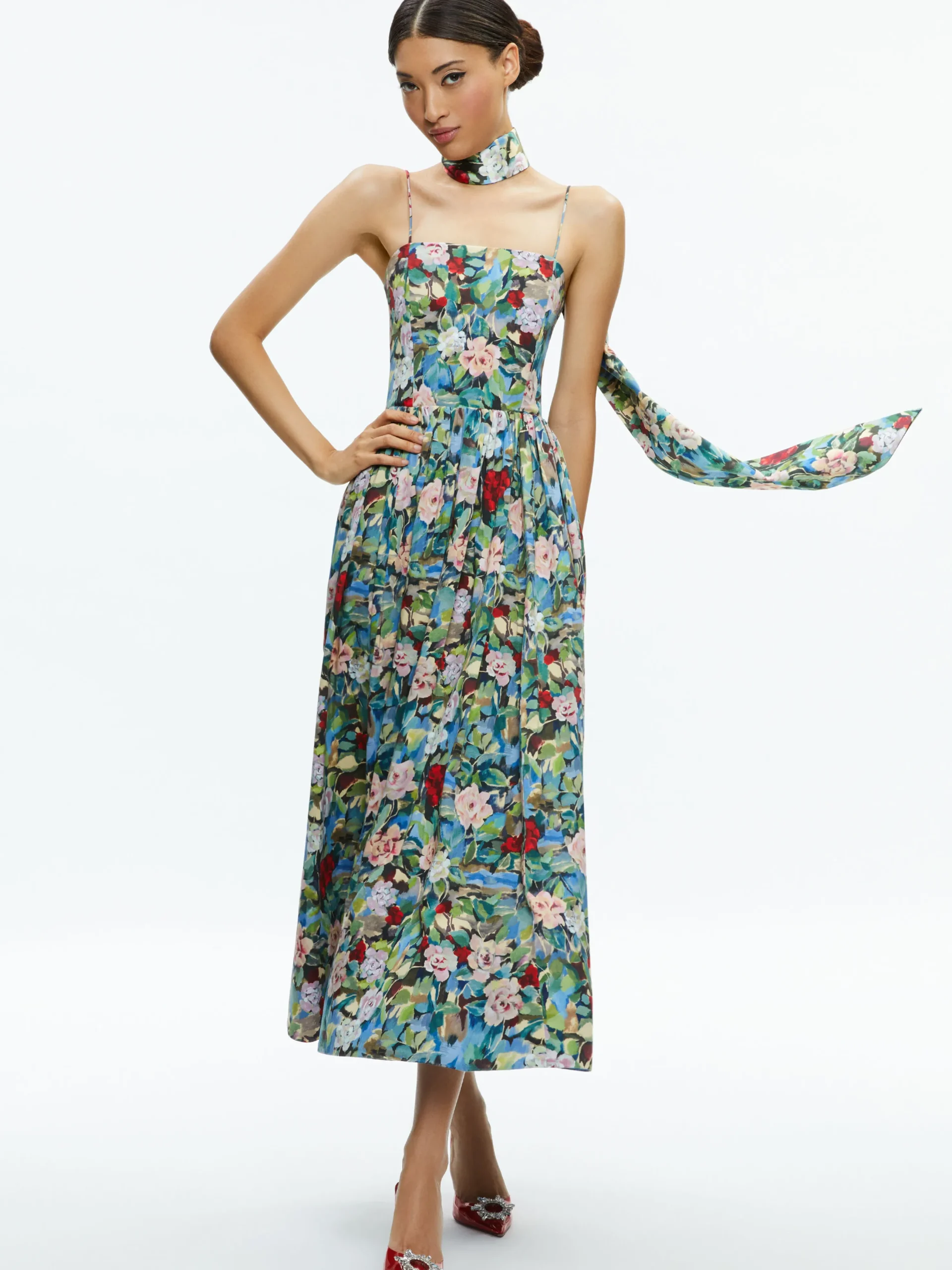 GLYNIS SPAGHETTI STRAP SCARF MIDI DRESS