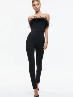 IDELL OFF SHOULDER FEATHER TRIM JUMPSUIT