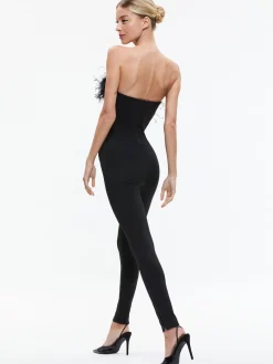 IDELL OFF SHOULDER FEATHER TRIM JUMPSUIT