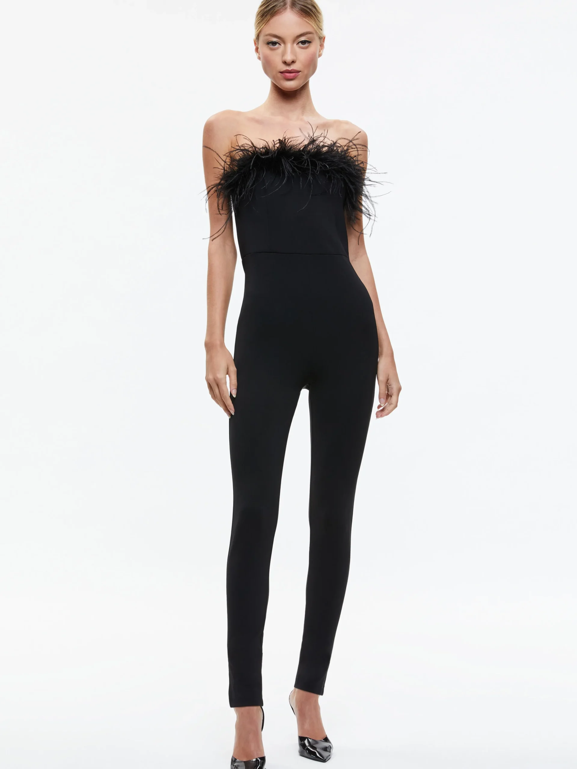 IDELL OFF SHOULDER FEATHER TRIM JUMPSUIT