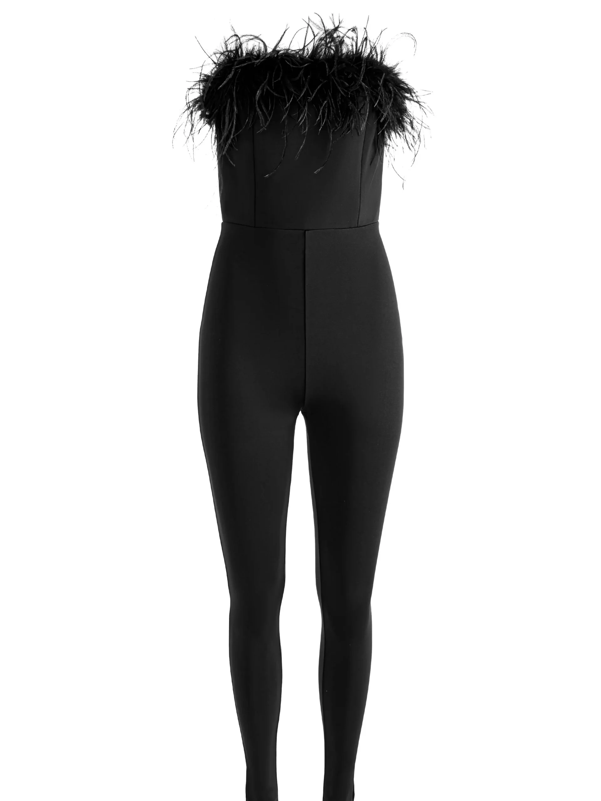 IDELL OFF SHOULDER FEATHER TRIM JUMPSUIT