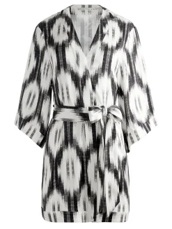 IKAT PRINT DOMINO KIMONO WITH TIE BELT + ASH TIE NECK HALTER TOP + TANDY SHORTS