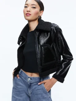 ISAIAH VEGAN LEATHER FAUX SHEARLING CROPPED JACKET