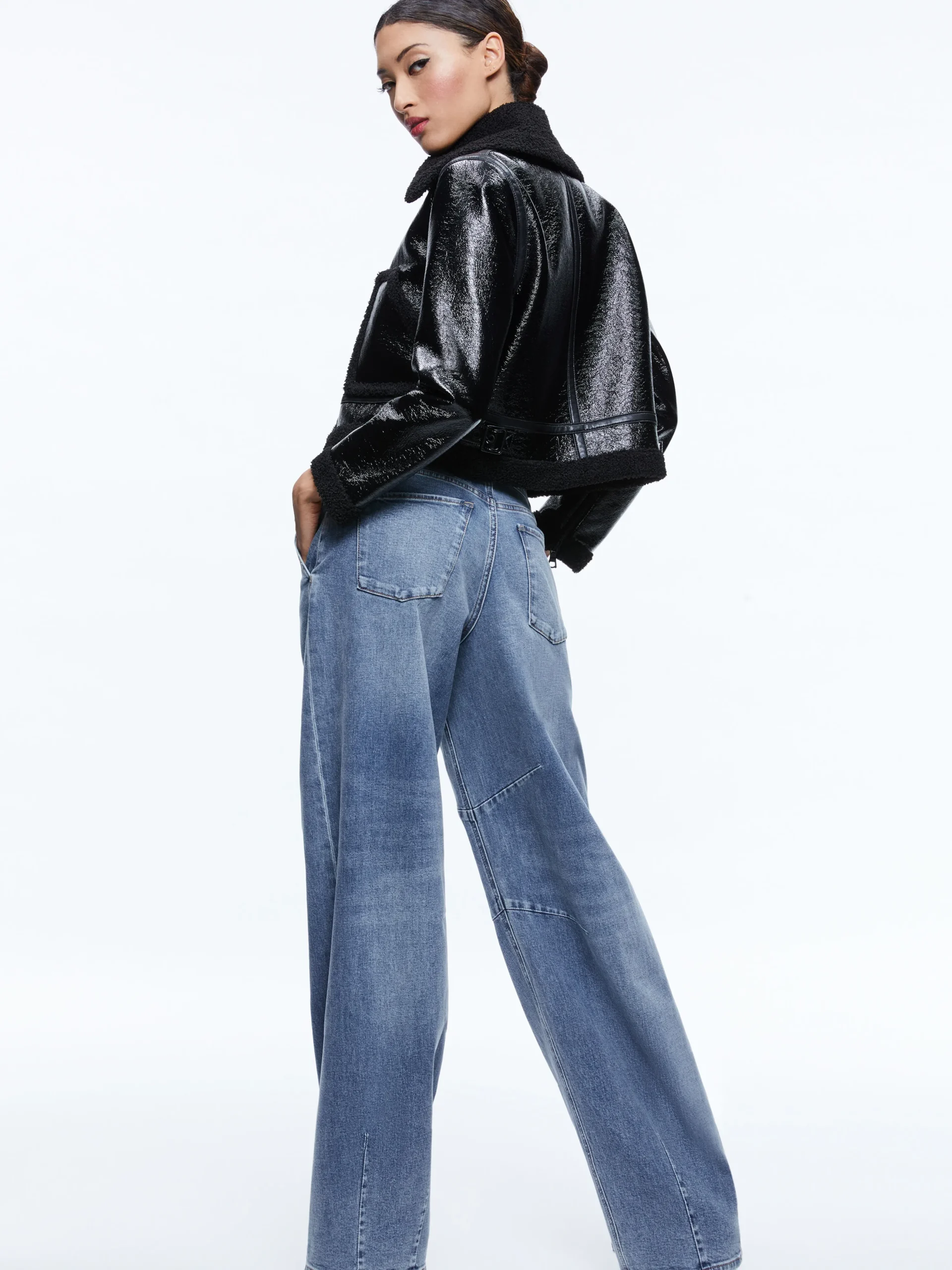 ISAIAH VEGAN LEATHER FAUX SHEARLING CROPPED JACKET