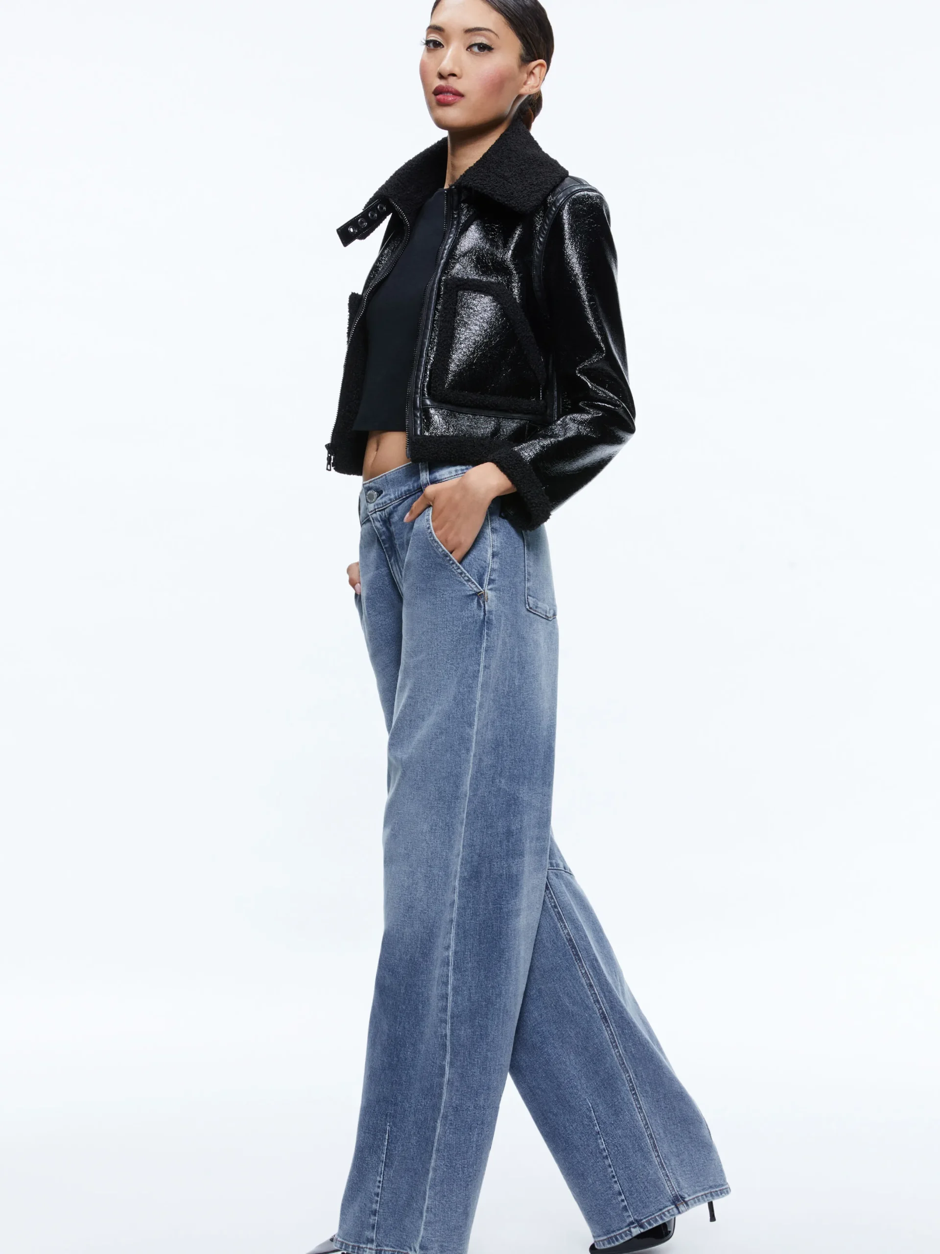 ISAIAH VEGAN LEATHER FAUX SHEARLING CROPPED JACKET