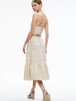 JAYMEE TIE NECK CROPPED HALTER TOP + REISE TIERED MIDI SKIRT