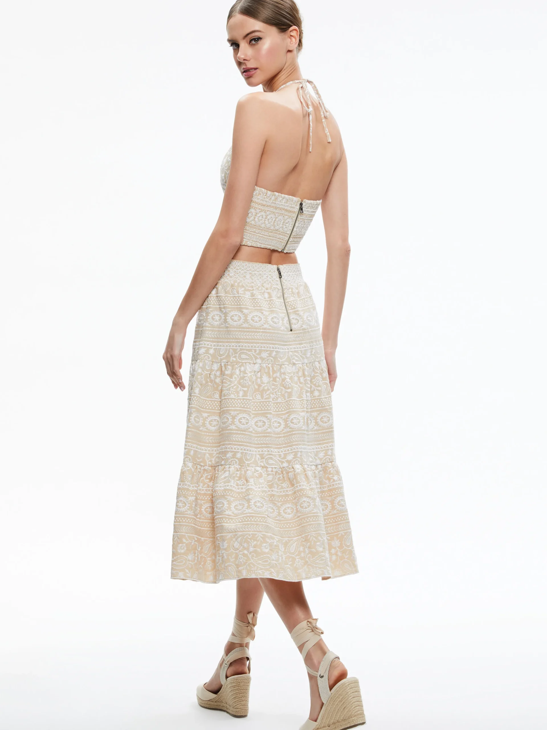 JAYMEE TIE NECK CROPPED HALTER TOP + REISE TIERED MIDI SKIRT