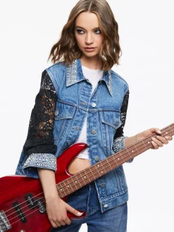 JEFF EMBELLISHED LACE SLEEVE DENIM JACKET