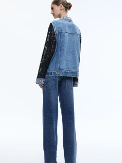 JEFF EMBELLISHED LACE SLEEVE DENIM JACKET