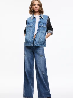 JEFF EMBELLISHED LACE SLEEVE DENIM JACKET