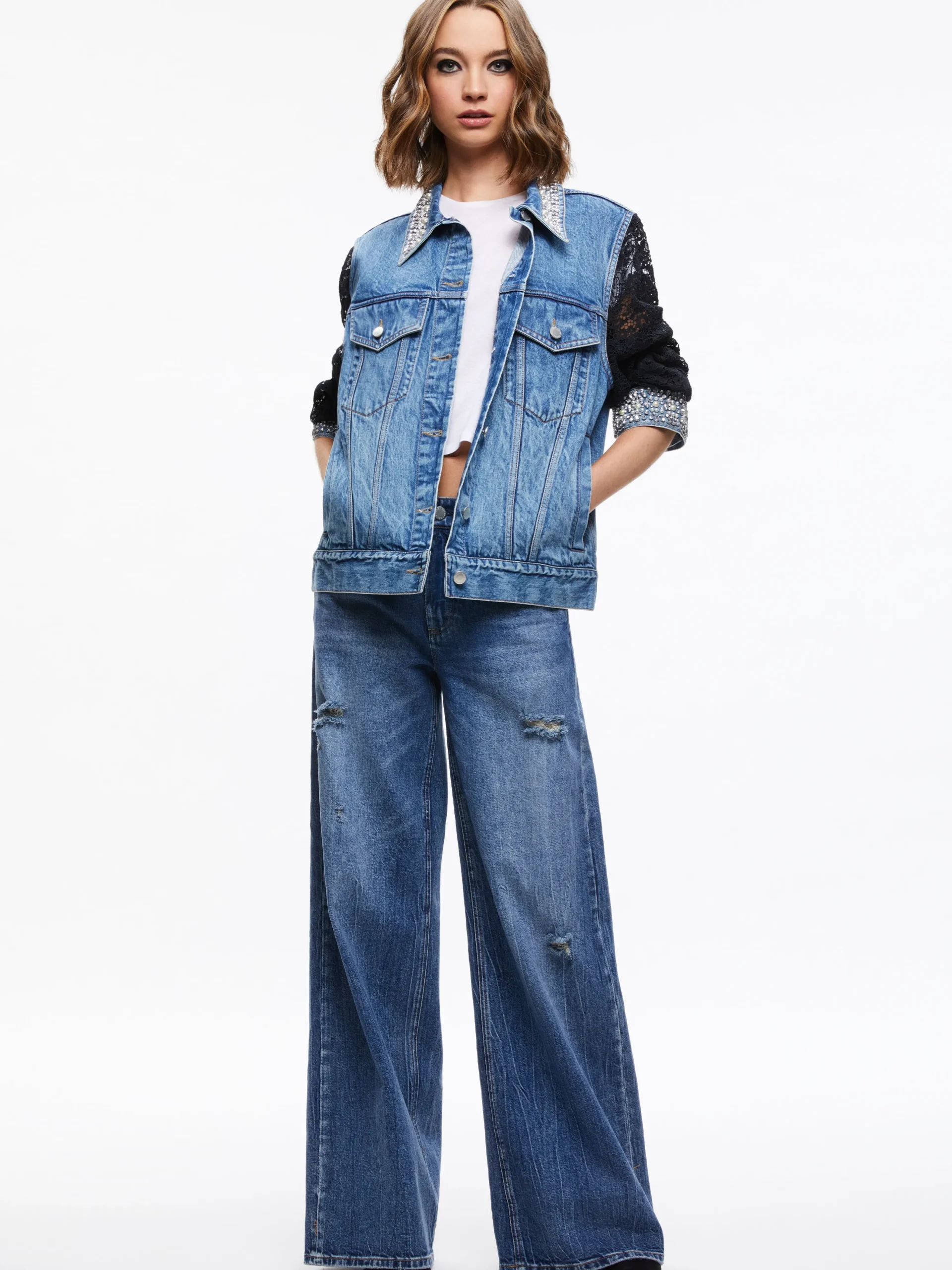JEFF EMBELLISHED LACE SLEEVE DENIM JACKET