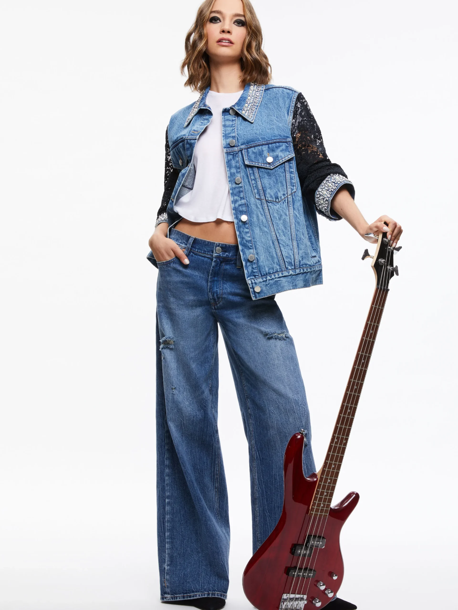 JEFF EMBELLISHED LACE SLEEVE DENIM JACKET