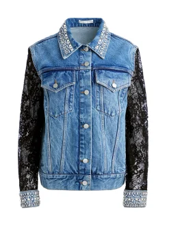 JEFF EMBELLISHED LACE SLEEVE DENIM JACKET
