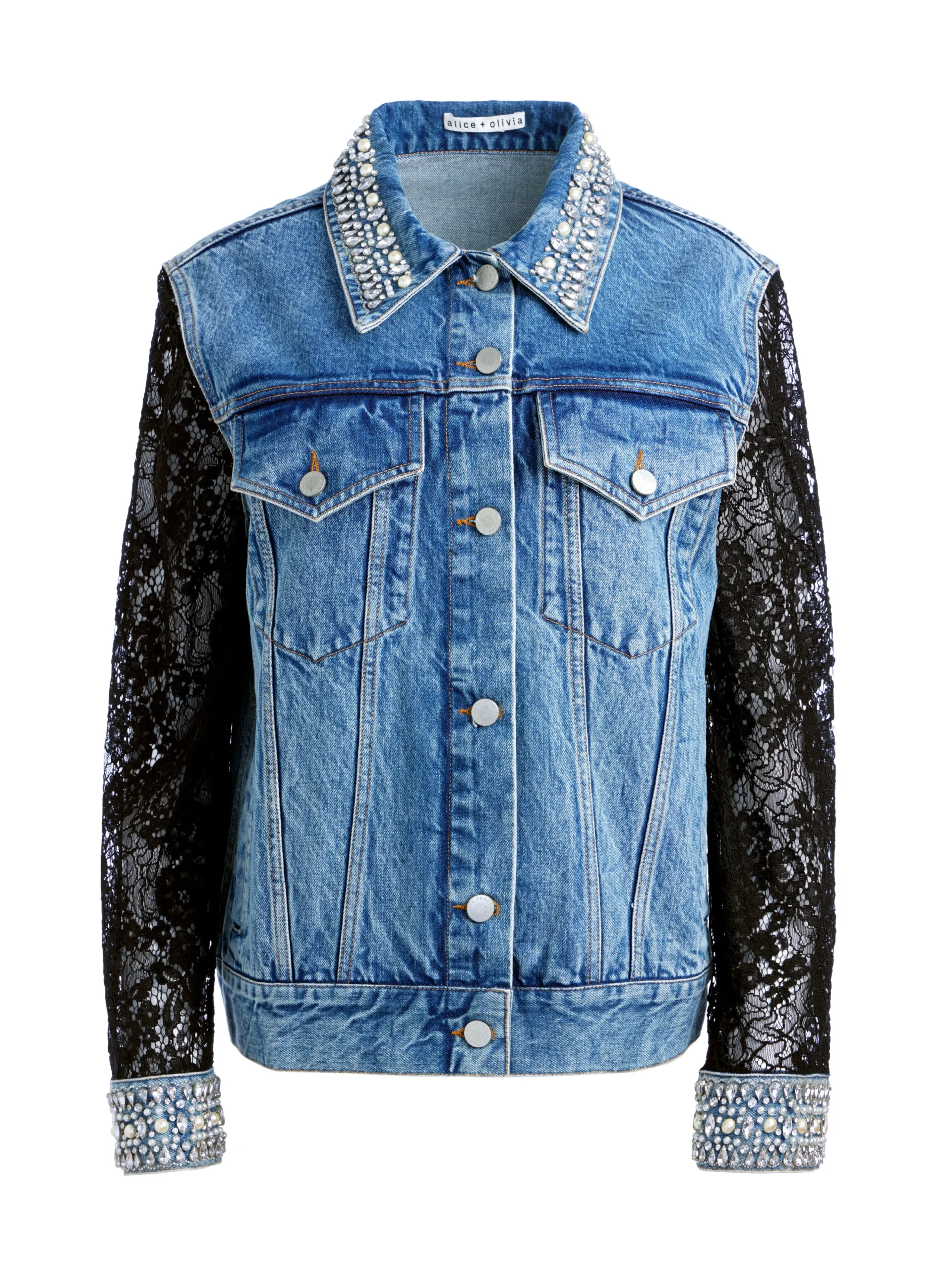 JEFF EMBELLISHED LACE SLEEVE DENIM JACKET