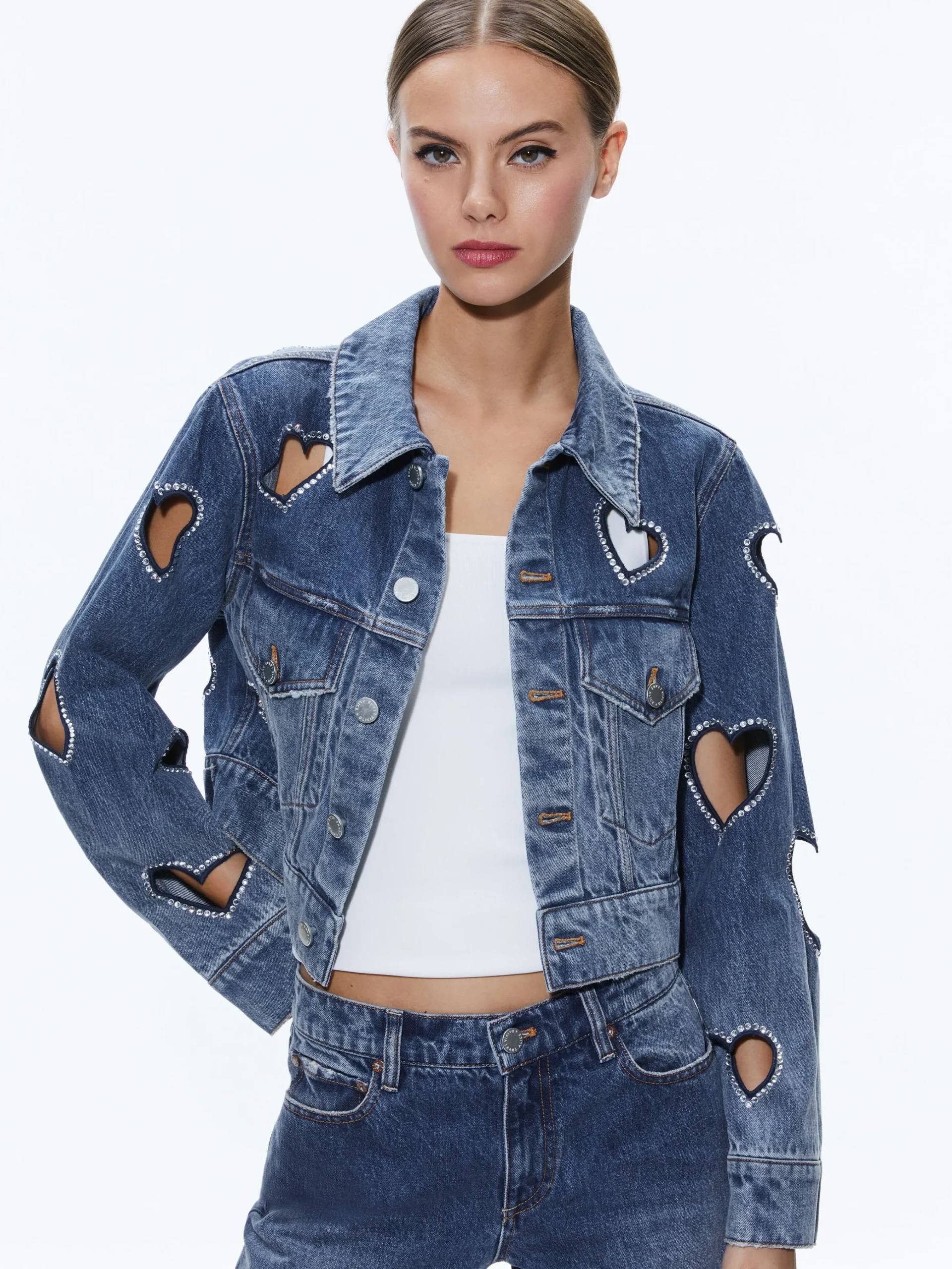 JEFF HEART EMBELLISHED CROPPED DENIM JACKET