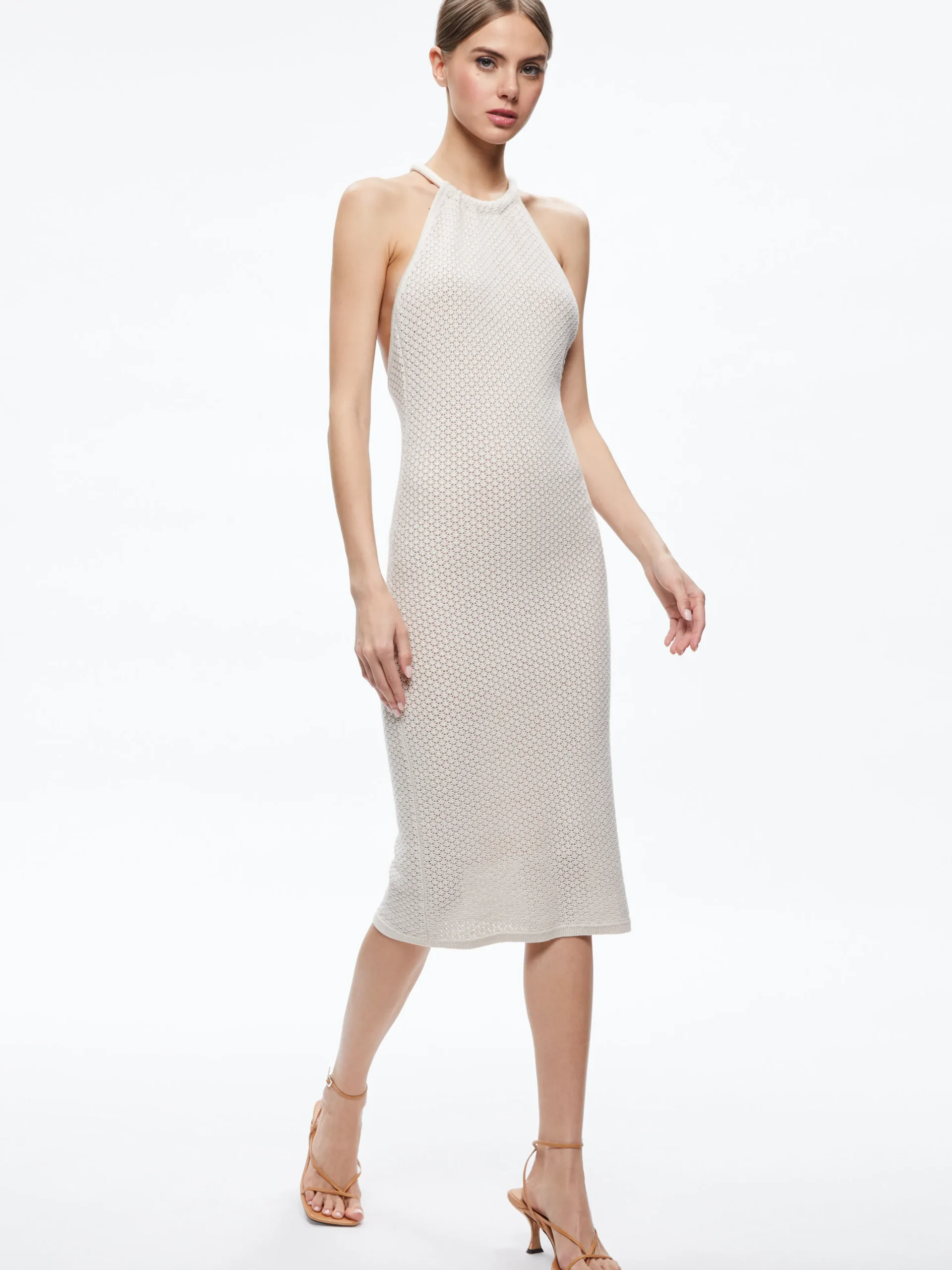 JOVI POINTELLE CORD BACK HALTER DRESS
