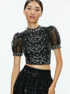 KRISTINA EMBELLISHED PUFF SLEEVE CROP TOP