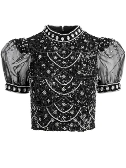 KRISTINA EMBELLISHED PUFF SLEEVE CROP TOP